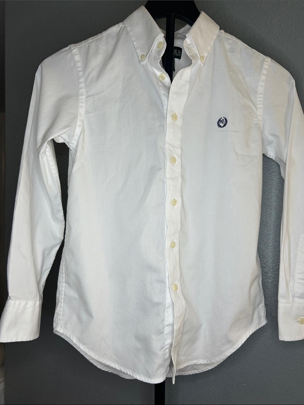 Lauren Ralph Lauren White Button-Down Shirt with Navy Crest - Kids